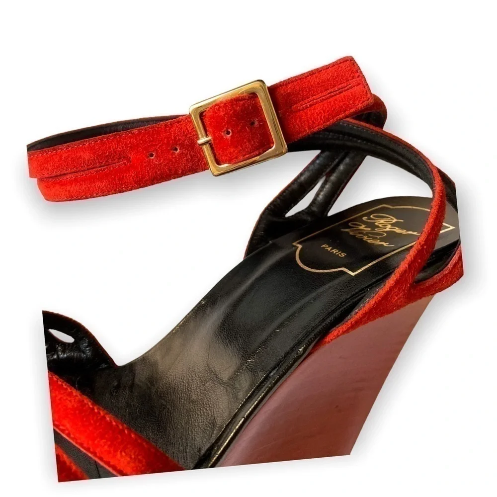 ROGER VIVIER Suede Wedge Sandals Size:‎ 37.5 EU, Red